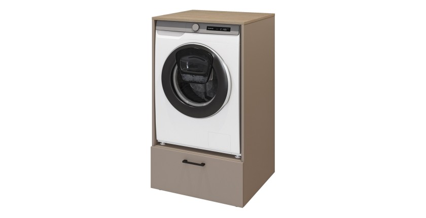 Meuble de rangement pour machine à laver collection WASHING – 1 tiroir – Taupe et chêne