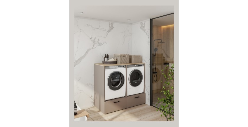 Meuble de rangement pour machine à laver et sèche-linge collection WASHING – 2 tiroirs – Taupe et chêne