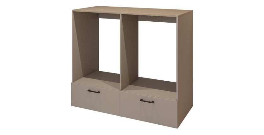 Meuble de rangement pour machine à laver et sèche-linge collection WASHING – 2 tiroirs – Taupe et chêne