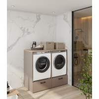 Ensemble de meuble de rangement pour machine à laver et sèche-linge collection WASHING – Taupe et chêne