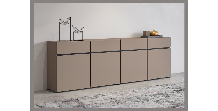 Buffet XL coloris beige et noir 225cm collection HAVANA. Bahut  design avec 4 portes et 4 tiroirs.