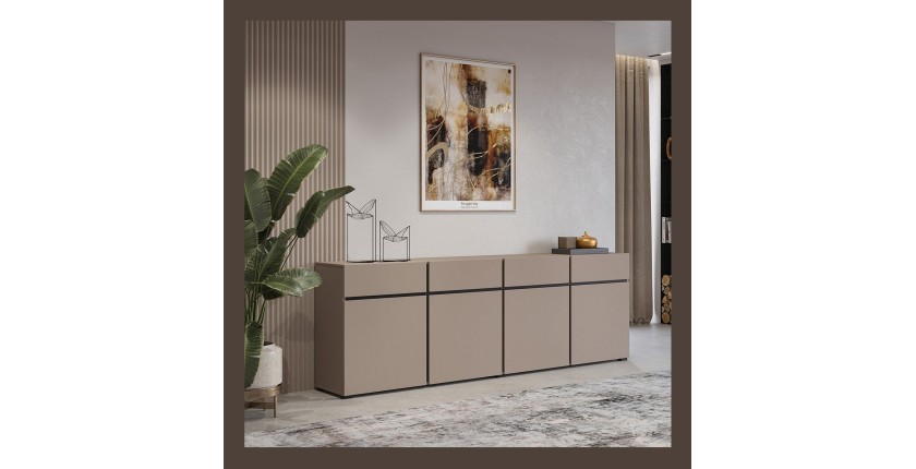 Buffet XL coloris beige et noir 225cm collection HAVANA. Bahut  design avec 4 portes et 4 tiroirs.