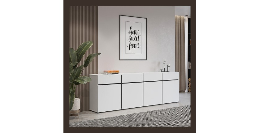 Buffet XL coloris blanc et noir 225cm collection HAVANA. Bahut  design avec 4 portes et 4 tiroirs.