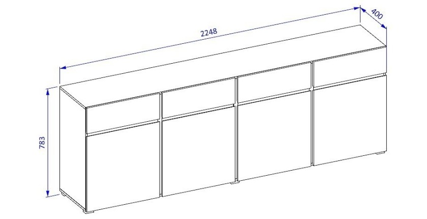 Buffet XL coloris chêne et noir 225cm collection HAVANA. Bahut  design avec 4 portes et 4 tiroirs.