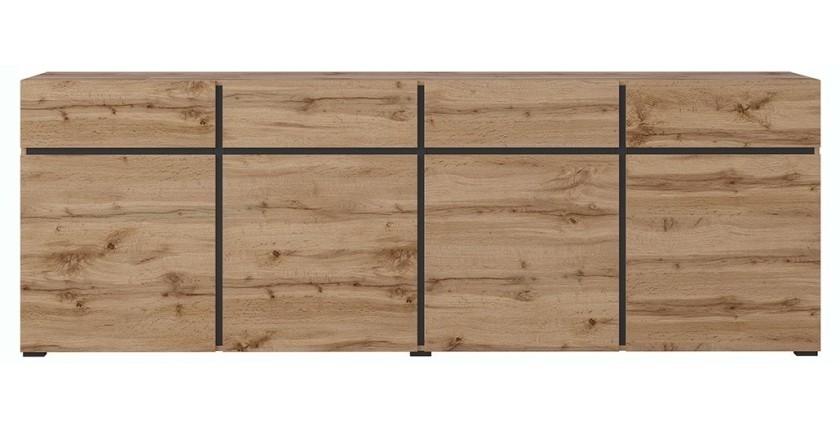 Buffet XL coloris chêne et noir 225cm collection HAVANA. Bahut  design avec 4 portes et 4 tiroirs.