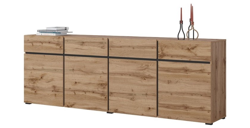 Buffet XL coloris chêne et noir 225cm collection HAVANA. Bahut  design avec 4 portes et 4 tiroirs.