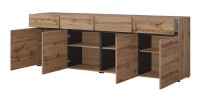 Buffet XL coloris chêne et noir 225cm collection HAVANA. Bahut  design avec 4 portes et 4 tiroirs.