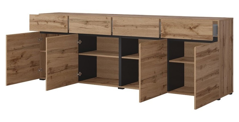 Buffet XL coloris chêne et noir 225cm collection HAVANA. Bahut  design avec 4 portes et 4 tiroirs.