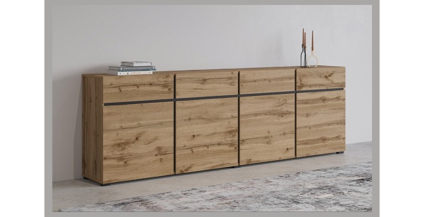 Buffet XL coloris chêne et noir 225cm collection HAVANA. Bahut  design avec 4 portes et 4 tiroirs.