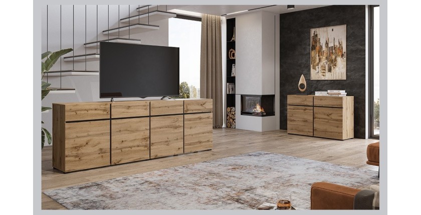 Buffet XL coloris chêne et noir 225cm collection HAVANA. Bahut  design avec 4 portes et 4 tiroirs.