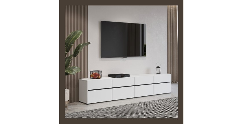 Meuble TV XL coloris blanc et noir 225cm collection HAVANA. Meuble design avec 4 portes et 4 tiroirs.