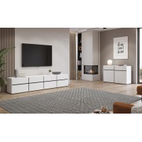 Meuble TV XL coloris blanc et noir 225cm collection HAVANA. Meuble design avec 4 portes et 4 tiroirs.