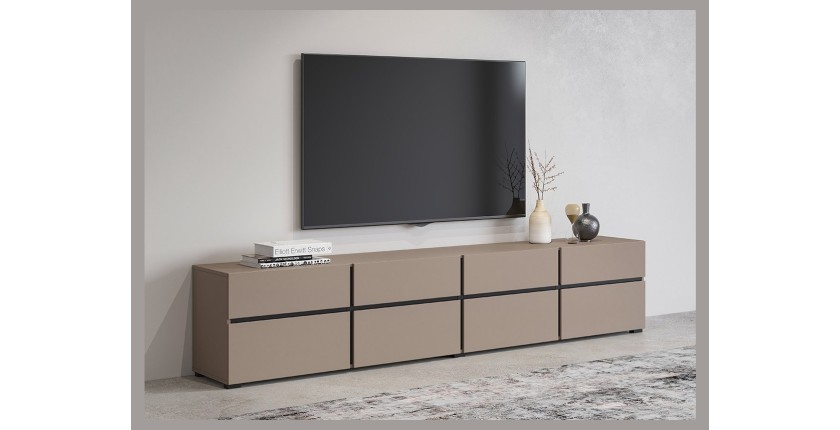 Meuble TV XL coloris beige et noir 225cm collection HAVANA. Meuble design avec 4 portes et 4 tiroirs.