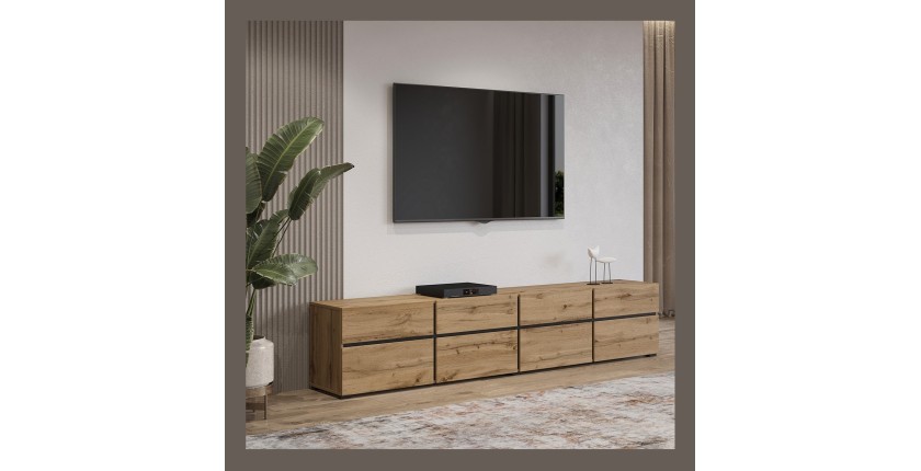 Meuble TV XL coloris chêne et noir 225cm collection HAVANA. Meuble design avec 4 portes et 4 tiroirs.