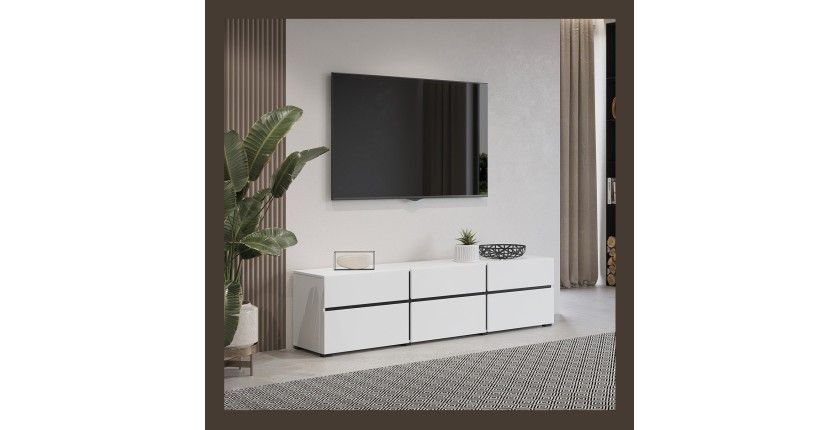 Meuble TV 180cm coloris blanc et noir collection HAVANA. Meuble design avec 3 portes et 3 tiroirs.