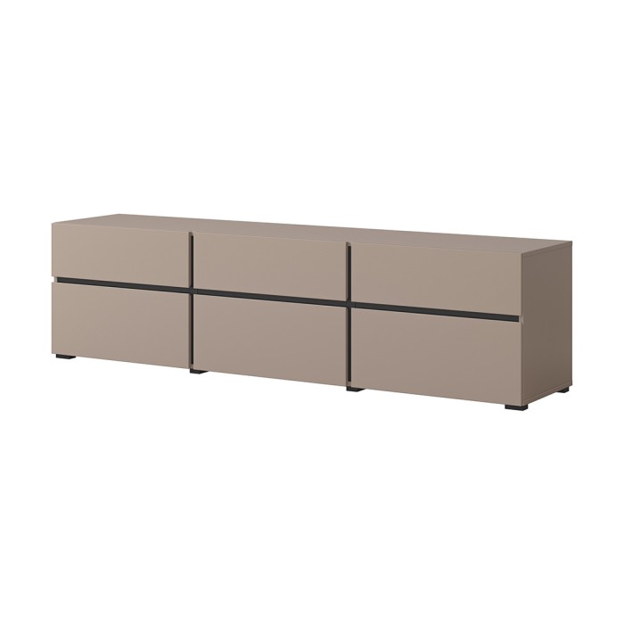 Meuble TV 180cm coloris beige et noir collection HAVANA. Meuble design avec 3 portes et 3 tiroirs.