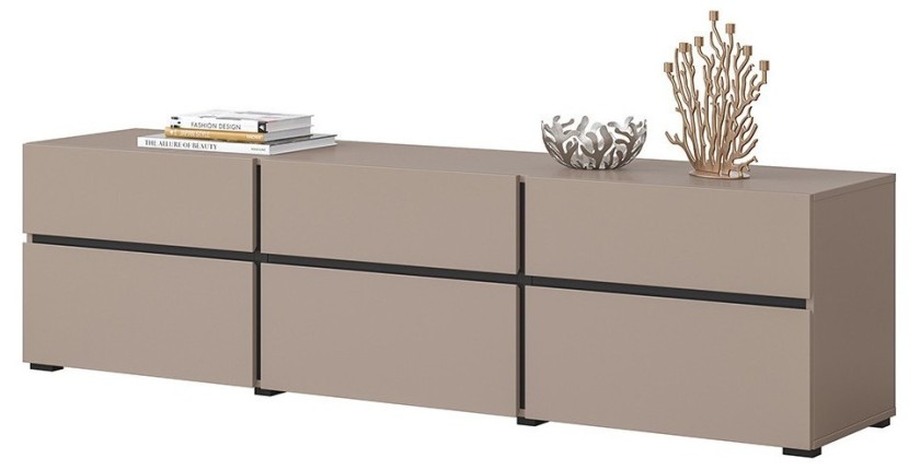 Meuble TV 180cm coloris beige et noir collection HAVANA. Meuble design avec 3 portes et 3 tiroirs.