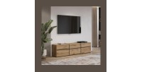 Meuble TV 180cm coloris chêne et noir collection HAVANA. Meuble design avec 3 portes et 3 tiroirs.