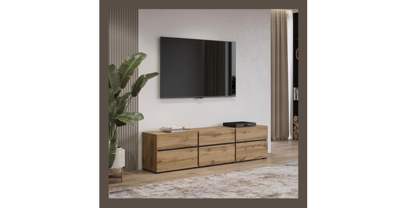 Meuble TV 180cm coloris chêne et noir collection HAVANA. Meuble design avec 3 portes et 3 tiroirs.