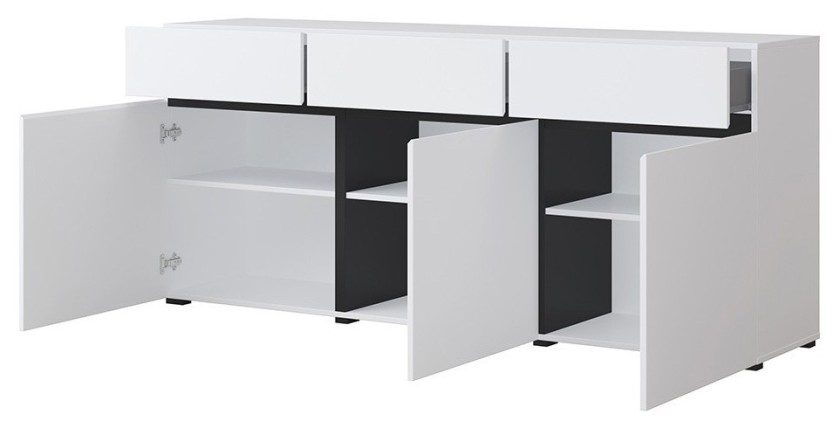 Buffet coloris blanc et noir 180cm collection HAVANA. Bahut  design avec 3 portes et 3 tiroirs.