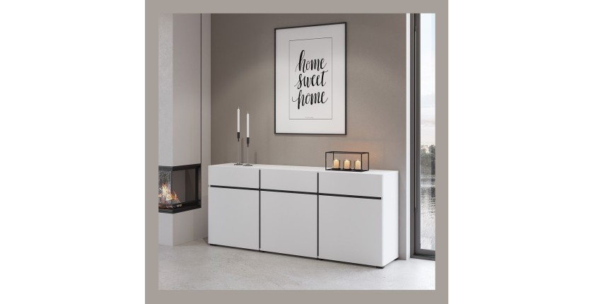 Buffet coloris blanc et noir 180cm collection HAVANA. Bahut  design avec 3 portes et 3 tiroirs.