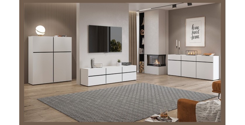 Buffet coloris blanc et noir 180cm collection HAVANA. Bahut  design avec 3 portes et 3 tiroirs.