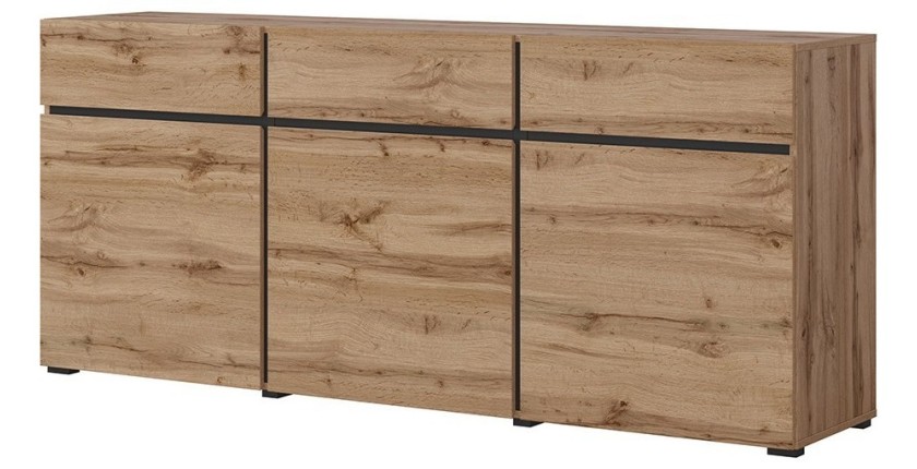 Buffet coloris chêne et noir 180cm collection HAVANA. Bahut  design avec 3 portes et 3 tiroirs.