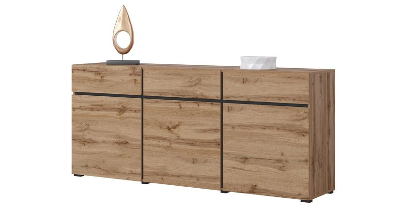 Buffet coloris chêne et noir 180cm collection HAVANA. Bahut  design avec 3 portes et 3 tiroirs.