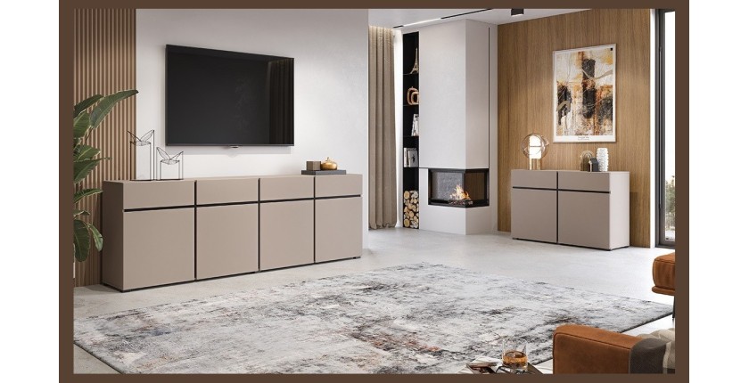 Buffet 120cm coloris beige et noir collection HAVANA. Bahut  design avec 2 portes et 2 tiroirs.