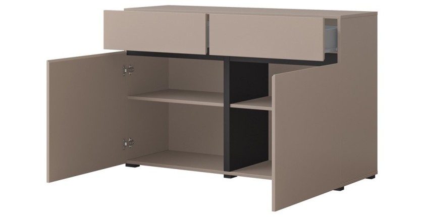 Buffet 120cm coloris beige et noir collection HAVANA. Bahut  design avec 2 portes et 2 tiroirs.