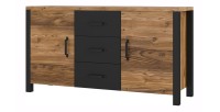 Buffet 150cm collection DARWIN. Couleur épicéa et noir. 2 portes et 3 tiroirs