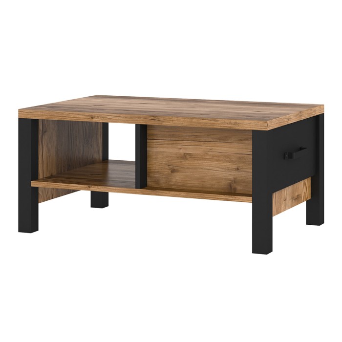 Table basse design collection DARWIN avec un tiroir et une niche. Couleur épicéa et noir.