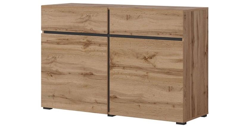 Buffet 120cm coloris chêne et noir collection HAVANA. Bahut  design avec 2 portes et 2 tiroirs.