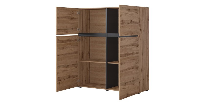 Buffet haut coloris chêne et noir L120xH140xP40 collection HAVANA. Bahut  haut design avec 4 portes.