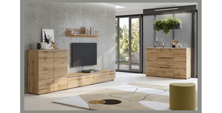 Buffet ALICE coloris chêne wotan – 2 portes, 3 tiroirs avec éclairage LED