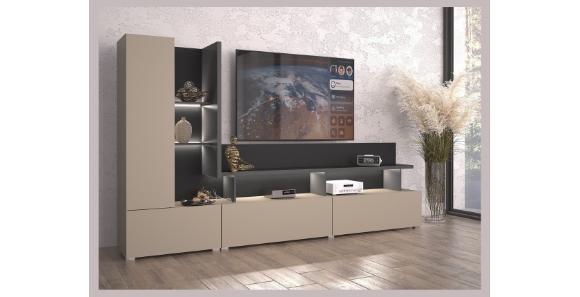 Meuble TV coloris marron congo et gris anthracite – 5 niches, 2 portes, 2 tiroirs