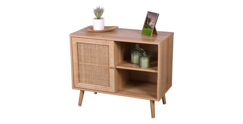 Commode ALTA chêne clair avec porte en rotin – Design scandinave et rangement pratique