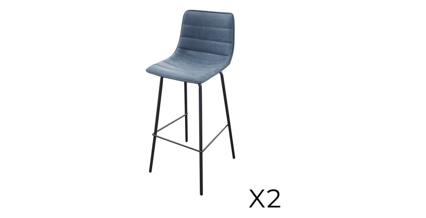 Lot de 2 tabourets de bar avec dossier effet cuir bleu denim collection NETS - Style industriel