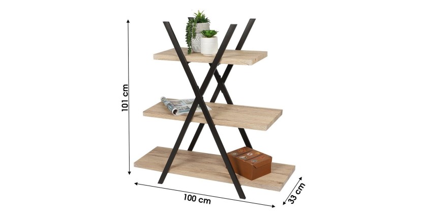 Étagère pyramide 3 niveaux collection DARYL – Style industriel, coloris chêne et noir