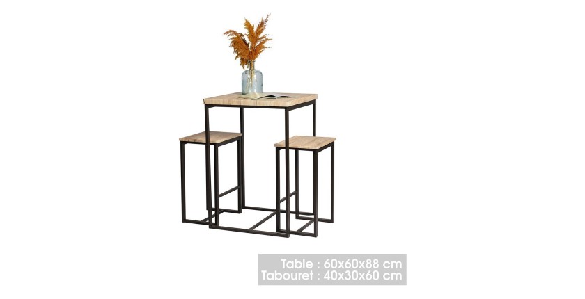 Ensemble table haute avec 2 tabourets – DARYL – Chêne et Métal Noir