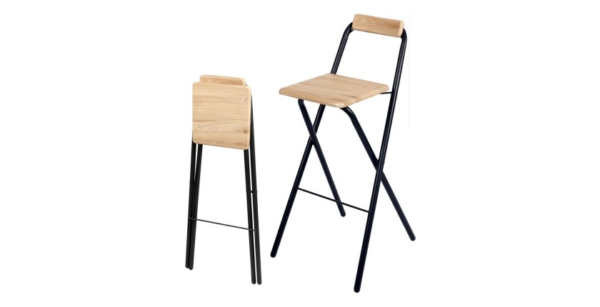 Lot de 4 tabourets de bar pliables avec dossier collection DARYL coloris chêne et noir avec structure en métal