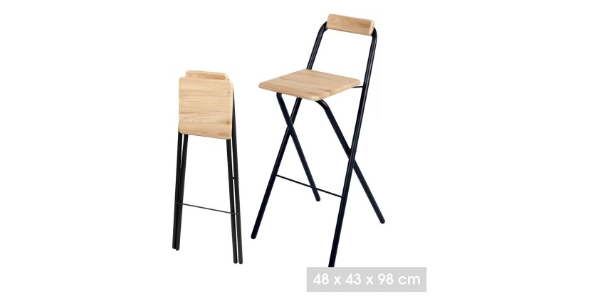 Lot de 4 tabourets de bar pliables avec dossier collection DARYL coloris chêne et noir avec structure en métal