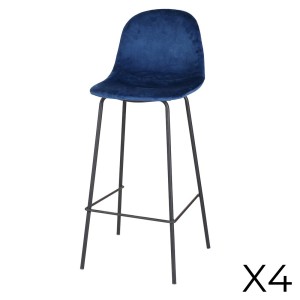 Lot de 4 tabourets de bar avec dossier en velours bleu et structure en métal collection LALY - Style industriel