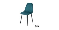 Lot de 4 chaises LOLY, assise et dossier en velours bleu canard, structure en métal noir