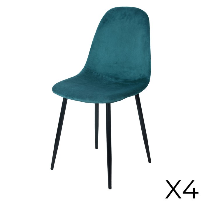 Lot de 4 chaises LOLY, assise et dossier en velours bleu canard, structure en métal noir