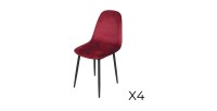 Lot de 4 chaises LOLY, assise et dossier en velours bordeaux, structure en métal noir