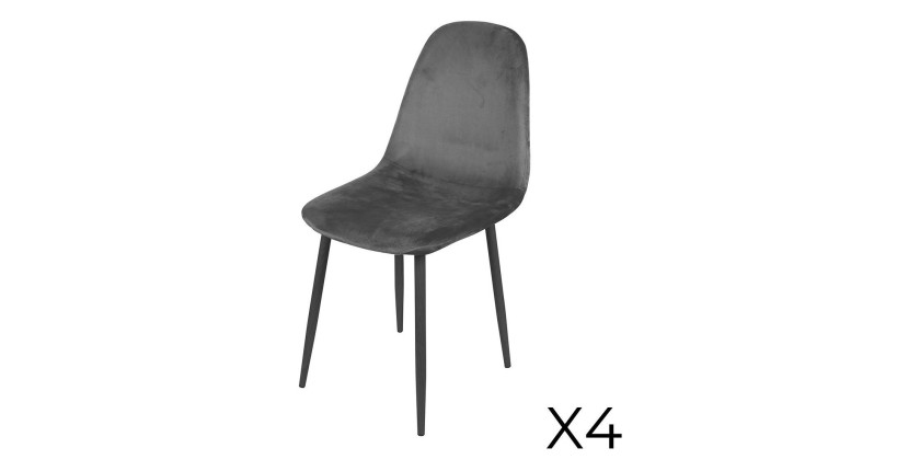 Lot de 4 chaises LOLY, assise et dossier en velours gris, structure en métal noir