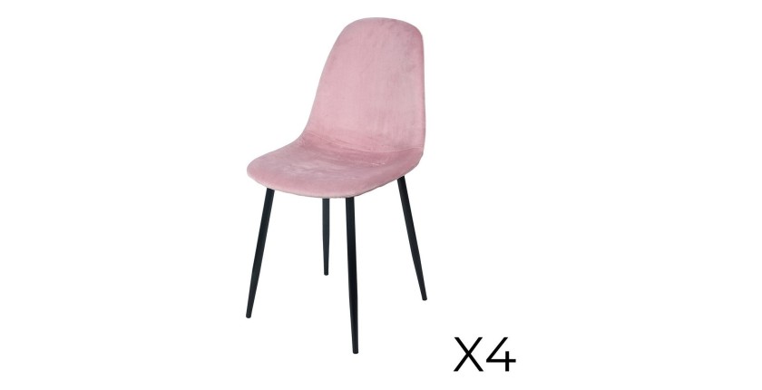 Lot de 4 chaises LOLY, assise et dossier en velours rose, structure en métal noir