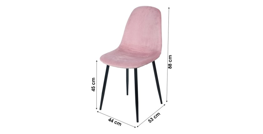 Lot de 4 chaises LOLY, assise et dossier en velours rose, structure en métal noir