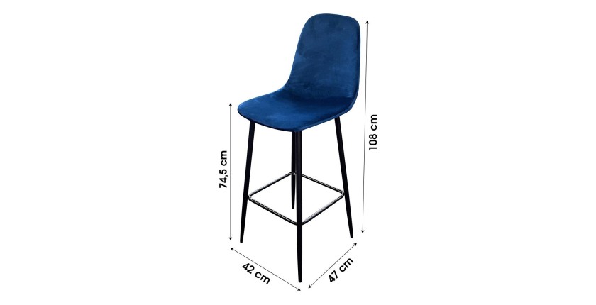 Lot de 4 tabourets LOLY, assise et dossier en velours bleu, structure en métal noir